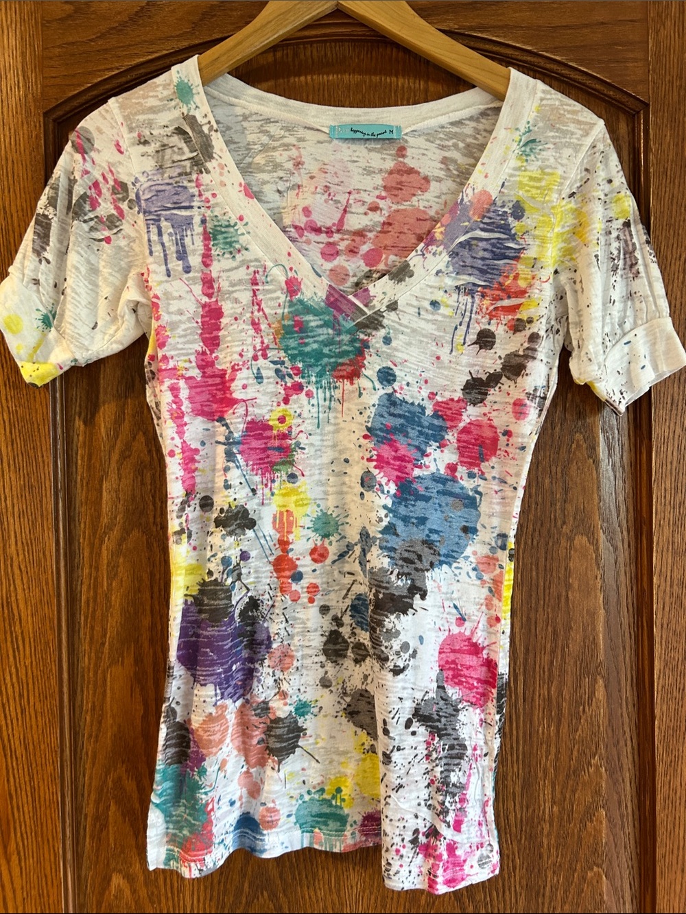Splatter Print V-Neck Women’s Tee - White Multi